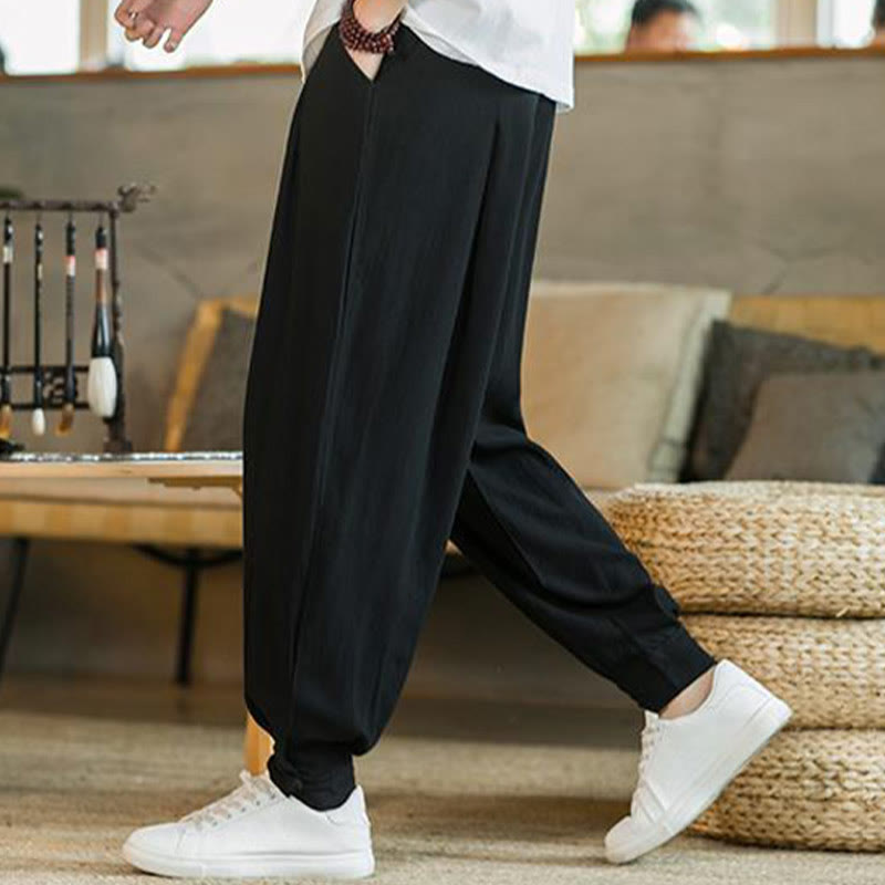 Buddha Stones Pantalones cónicos de algodón y lino para hombre en color liso verano con bolsillos