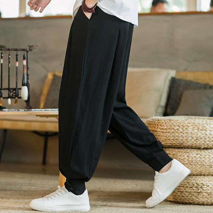 Buddha Stones Pantalones cónicos de algodón y lino para hombre en color liso verano con bolsillos