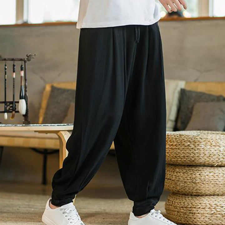 Buddha Stones Pantalones cónicos de algodón y lino para hombre en color liso verano con bolsillos