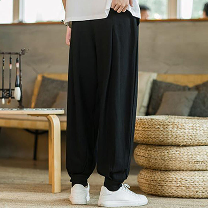 Buddha Stones Pantalones cónicos de algodón y lino para hombre en color liso verano con bolsillos