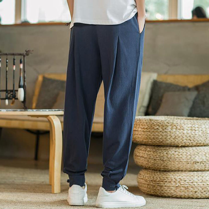 Buddha Stones Pantalones cónicos de algodón y lino para hombre en color liso verano con bolsillos
