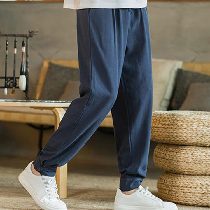 Buddha Stones Pantalones cónicos de algodón y lino para hombre en color liso verano con bolsillos