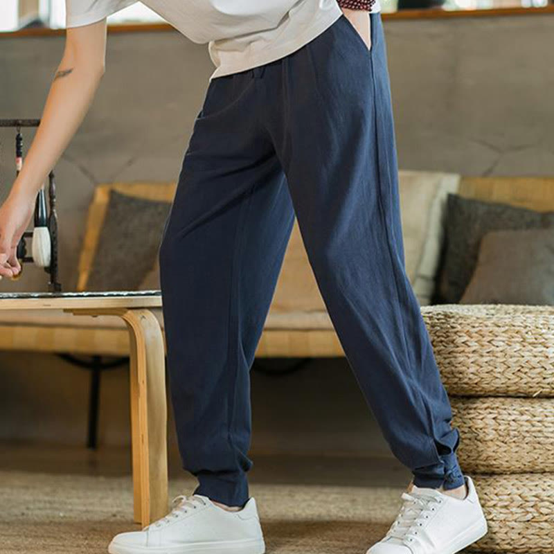 Buddha Stones Pantalones cónicos de algodón y lino para hombre en color liso verano con bolsillos