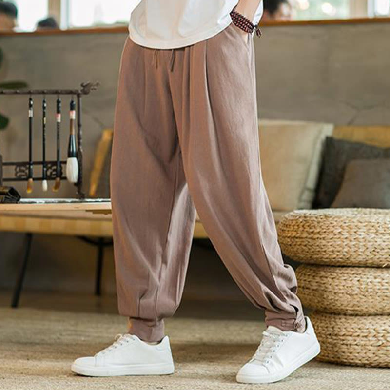 Buddha Stones Pantalones cónicos de algodón y lino para hombre en color liso verano con bolsillos
