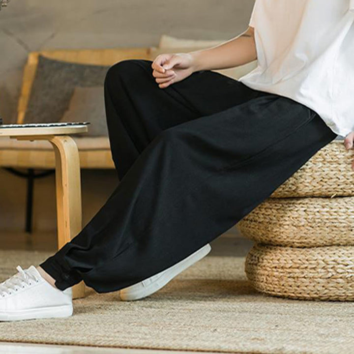 Buddha Stones Pantalones cónicos de algodón y lino para hombre en color liso verano con bolsillos