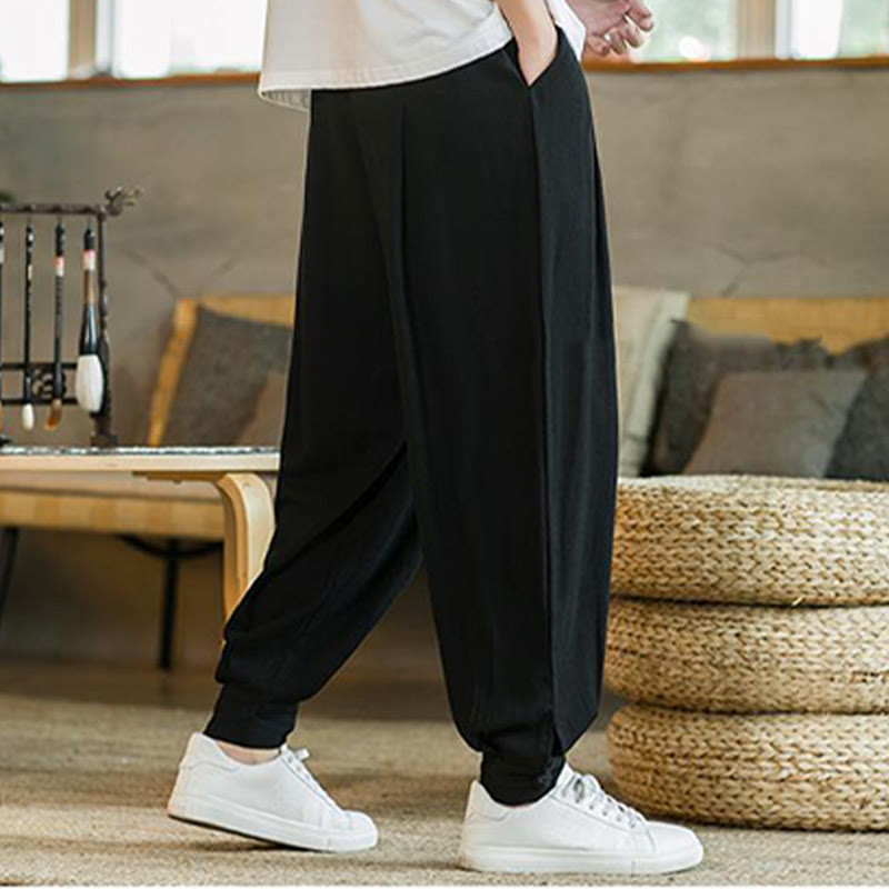 Buddha Stones Pantalones cónicos de algodón y lino para hombre en color liso verano con bolsillos