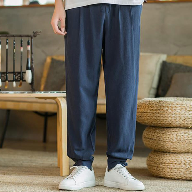Buddha Stones Pantalones cónicos de algodón y lino para hombre en color liso verano con bolsillos