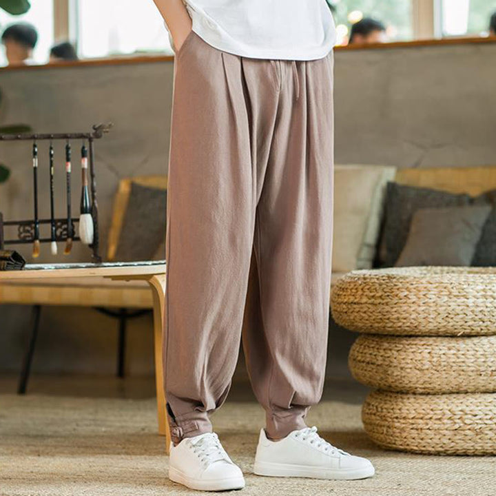 Buddha Stones Pantalones cónicos de algodón y lino para hombre en color liso verano con bolsillos