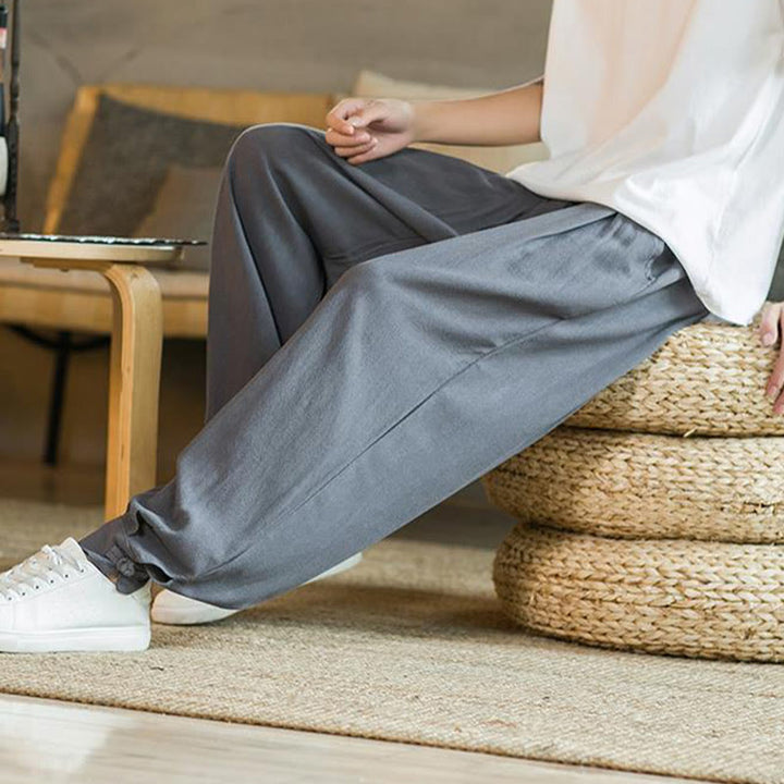 Buddha Stones Pantalones cónicos de algodón y lino para hombre en color liso verano con bolsillos