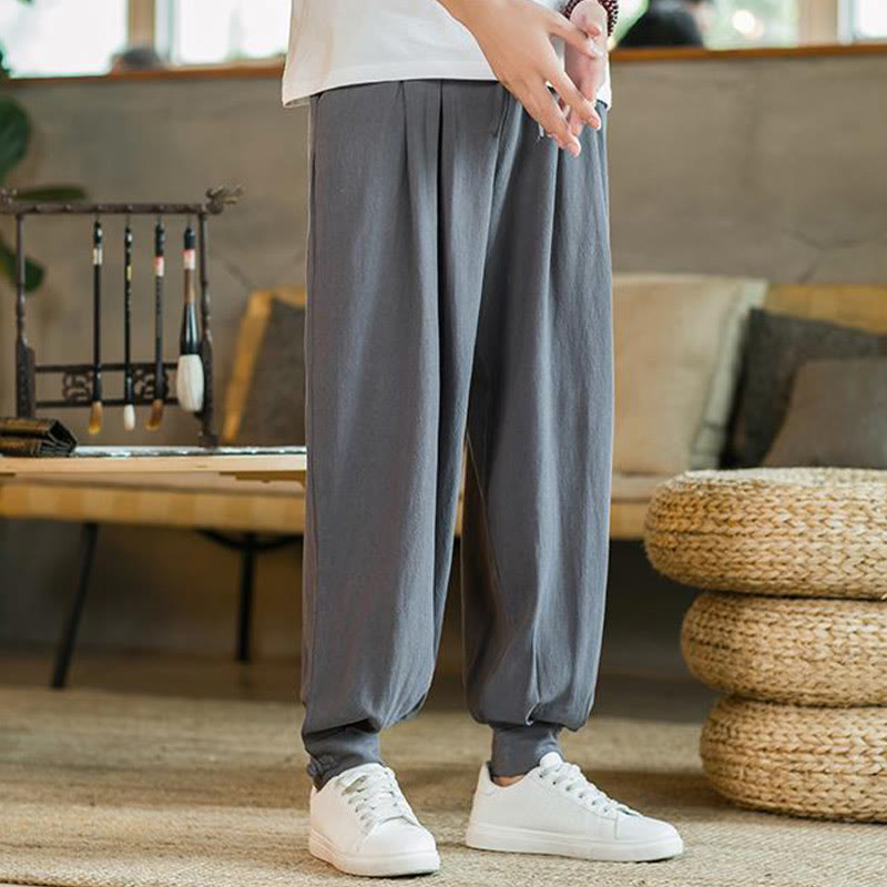 Buddha Stones Pantalones cónicos de algodón y lino para hombre en color liso verano con bolsillos