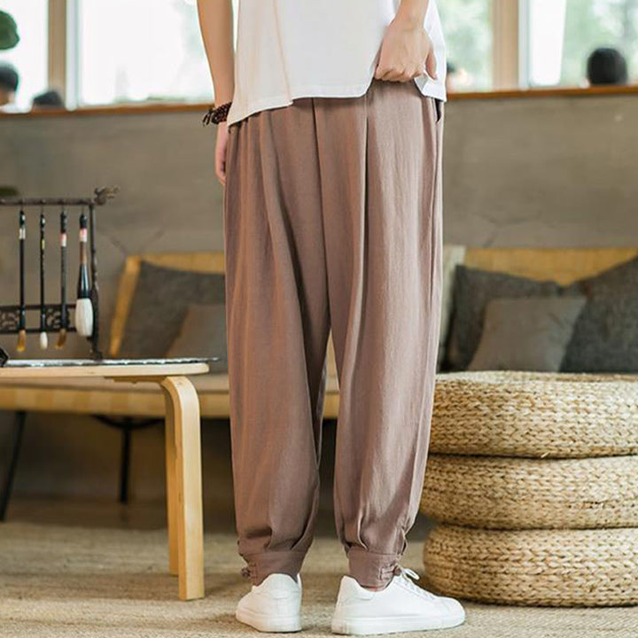 Buddha Stones Pantalones cónicos de algodón y lino para hombre en color liso verano con bolsillos