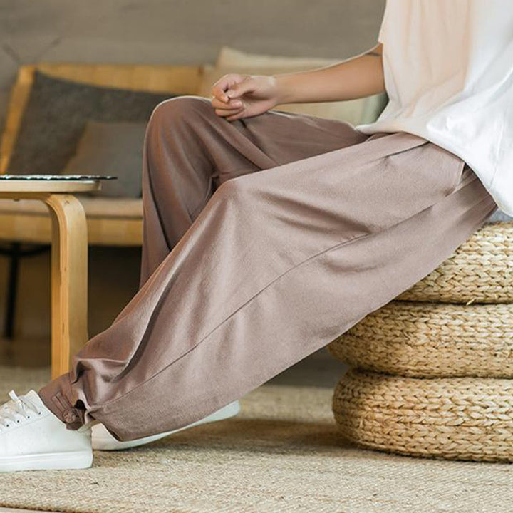 Buddha Stones Pantalones cónicos de algodón y lino para hombre en color liso verano con bolsillos
