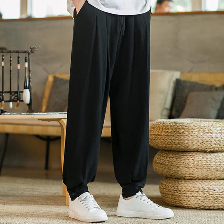 Buddha Stones Pantalones cónicos de algodón y lino para hombre en color liso verano con bolsillos
