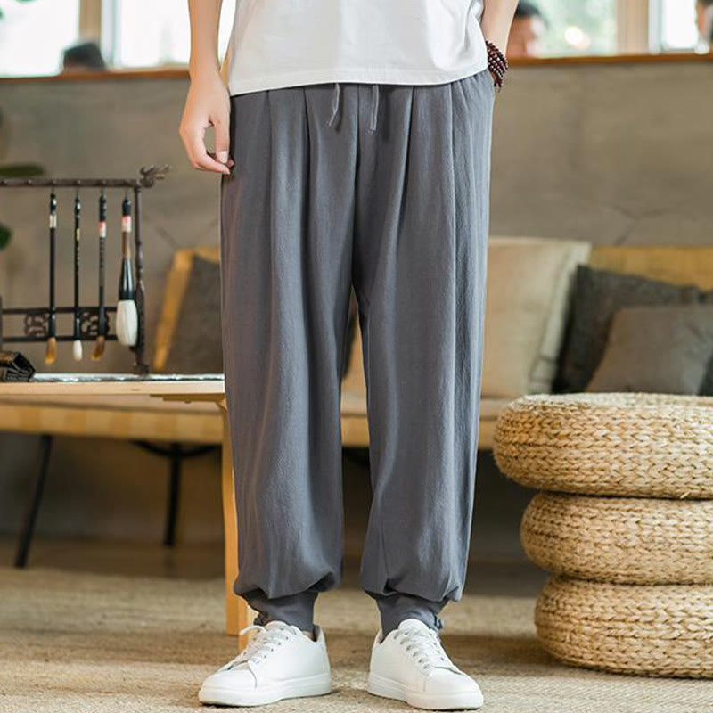 Buddha Stones Pantalones cónicos de algodón y lino para hombre en color liso verano con bolsillos