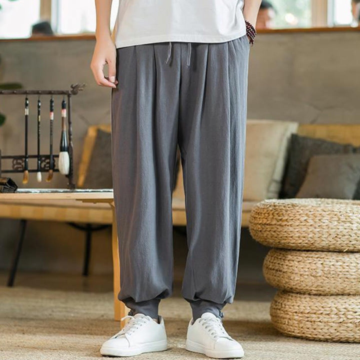 Buddha Stones Pantalones cónicos de algodón y lino para hombre en color liso verano con bolsillos