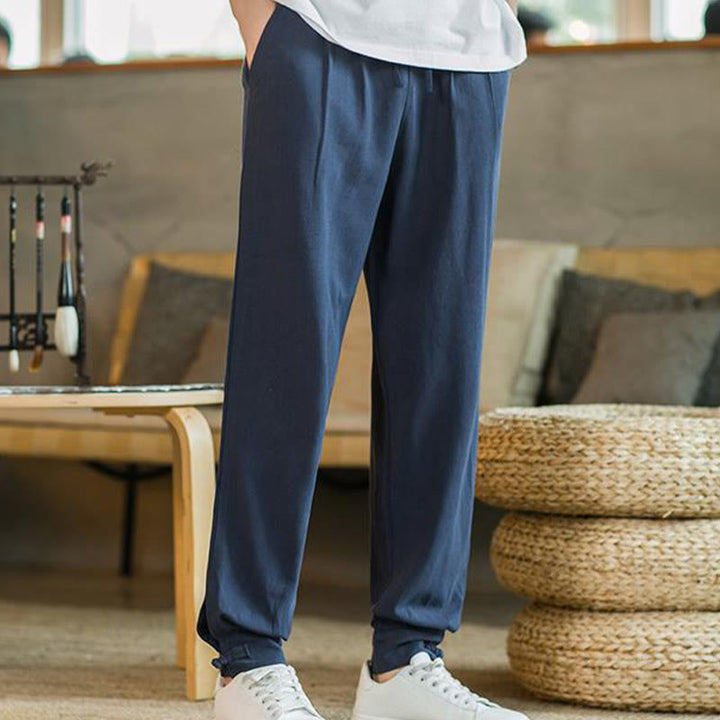 Buddha Stones Pantalones cónicos de algodón y lino para hombre en color liso verano con bolsillos