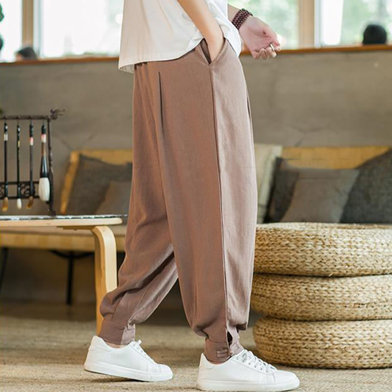 Buddha Stones Pantalones cónicos de algodón y lino para hombre en color liso verano con bolsillos