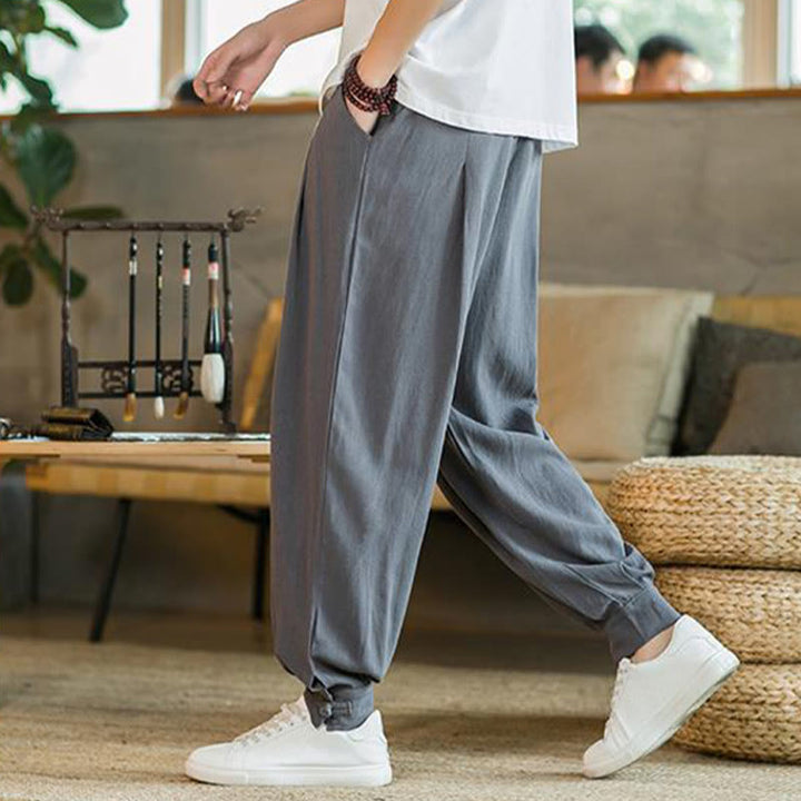 Buddha Stones Pantalones cónicos de algodón y lino para hombre en color liso verano con bolsillos