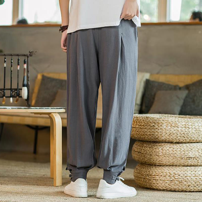 Buddha Stones Pantalones cónicos de algodón y lino para hombre en color liso verano con bolsillos