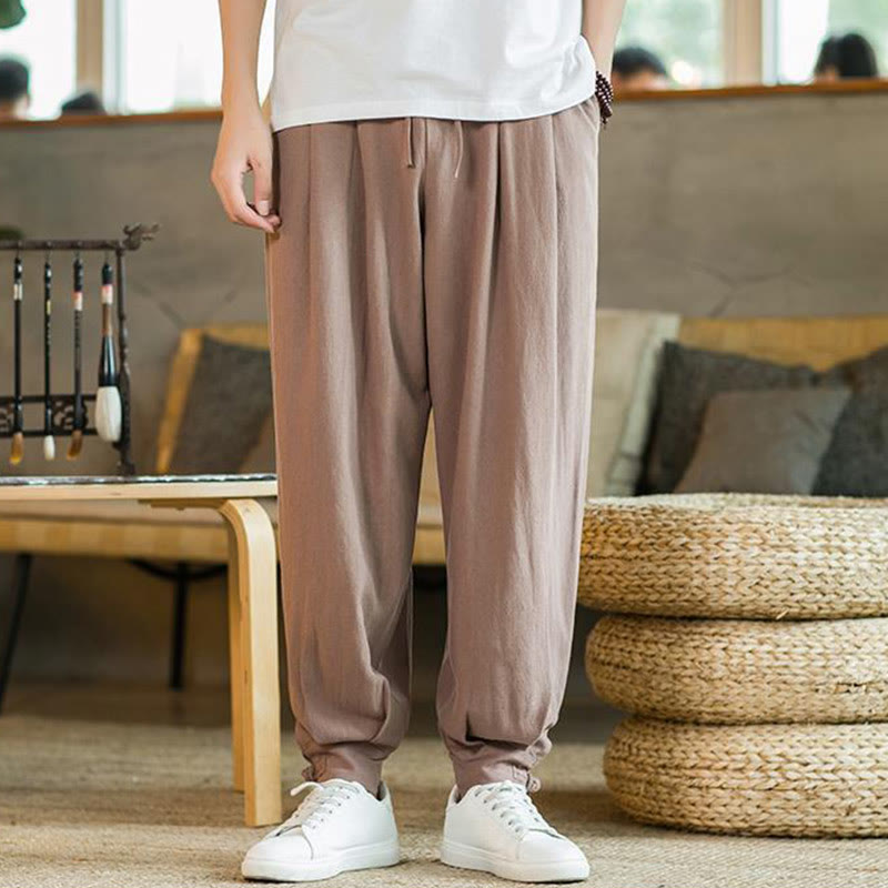 Buddha Stones Pantalones cónicos de algodón y lino para hombre en color liso verano con bolsillos