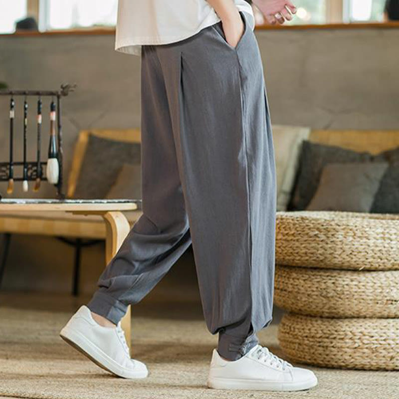 Buddha Stones Pantalones cónicos de algodón y lino para hombre en color liso verano con bolsillos - image 8