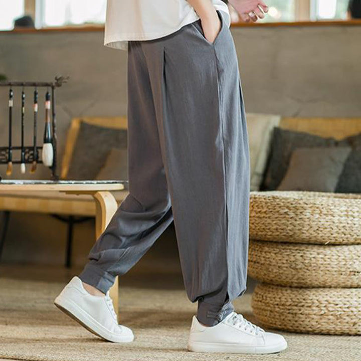 Buddha Stones Pantalones cónicos de algodón y lino para hombre en color liso verano con bolsillos - image 8