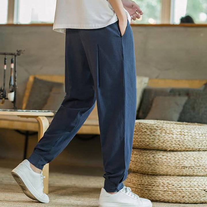 Buddha Stones Pantalones cónicos de algodón y lino para hombre en color liso verano con bolsillos