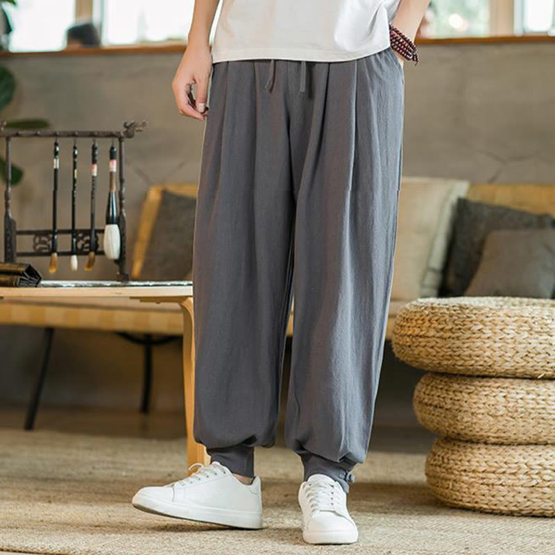 Buddha Stones Pantalones cónicos de algodón y lino para hombre en color liso verano con bolsillos