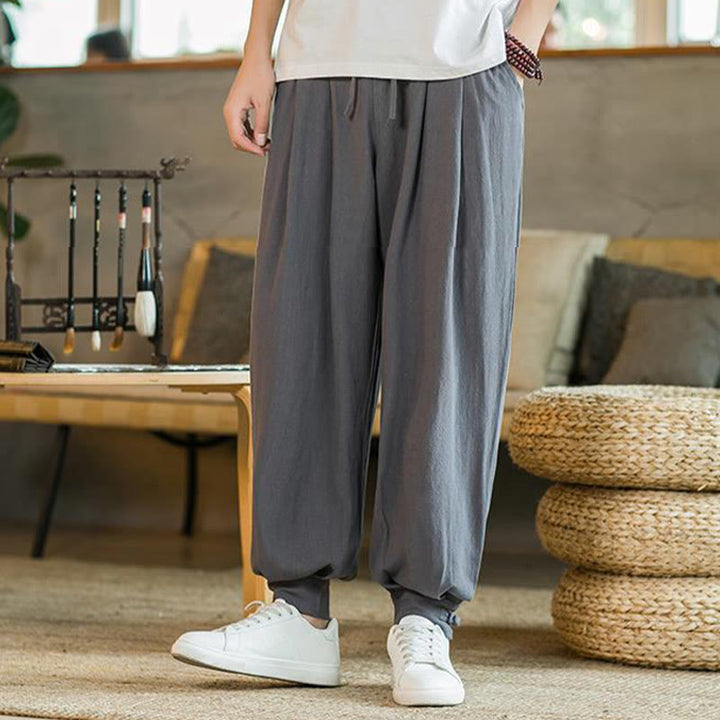 Buddha Stones Pantalones cónicos de algodón y lino para hombre en color liso verano con bolsillos