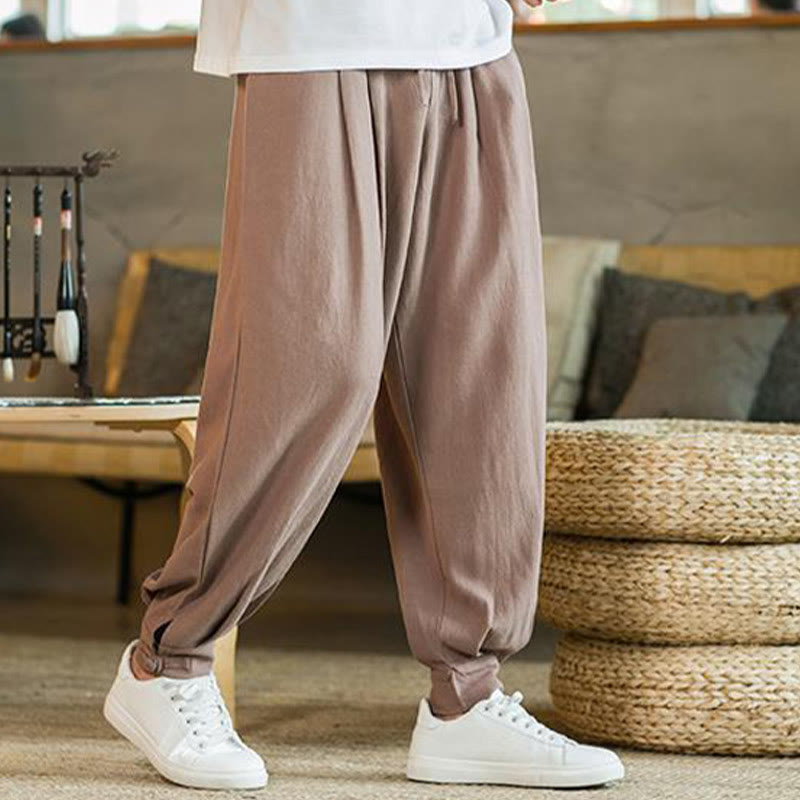 Buddha Stones Pantalones cónicos de algodón y lino para hombre en color liso verano con bolsillos