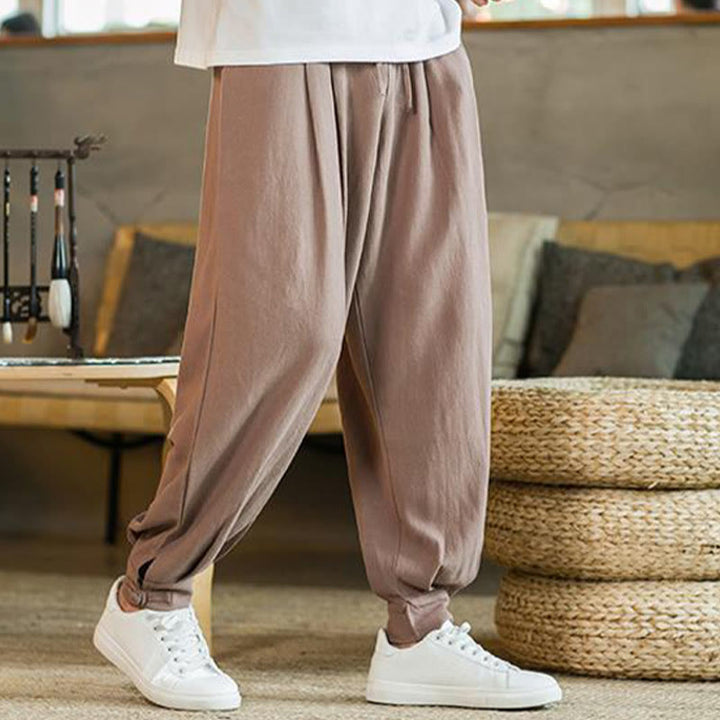 Buddha Stones Pantalones cónicos de algodón y lino para hombre en color liso verano con bolsillos