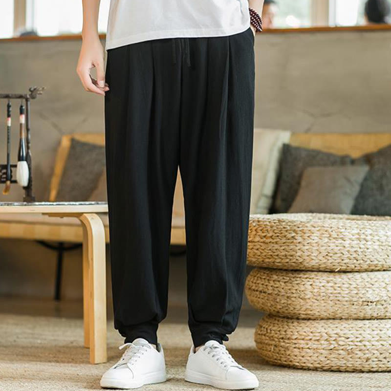 Buddha Stones Pantalones cónicos de algodón y lino para hombre en color liso verano con bolsillos