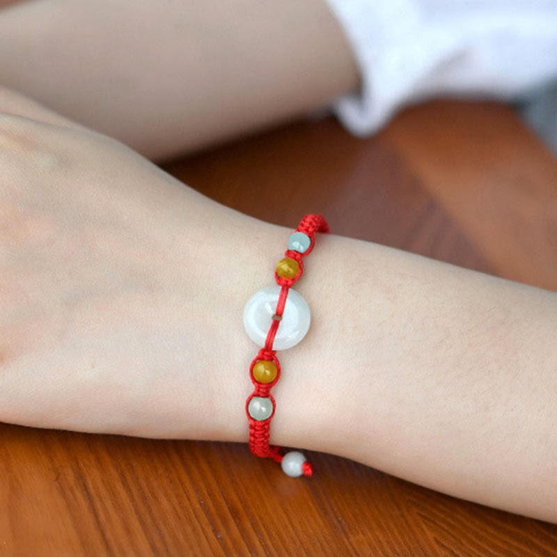 Buddha Stones Pulsera de cuerda roja con adorno de jade y hebilla de paz para la suerte