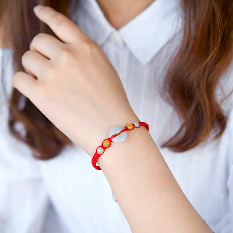Buddha Stones Pulsera de cuerda roja con adorno de jade y hebilla de paz para la suerte
