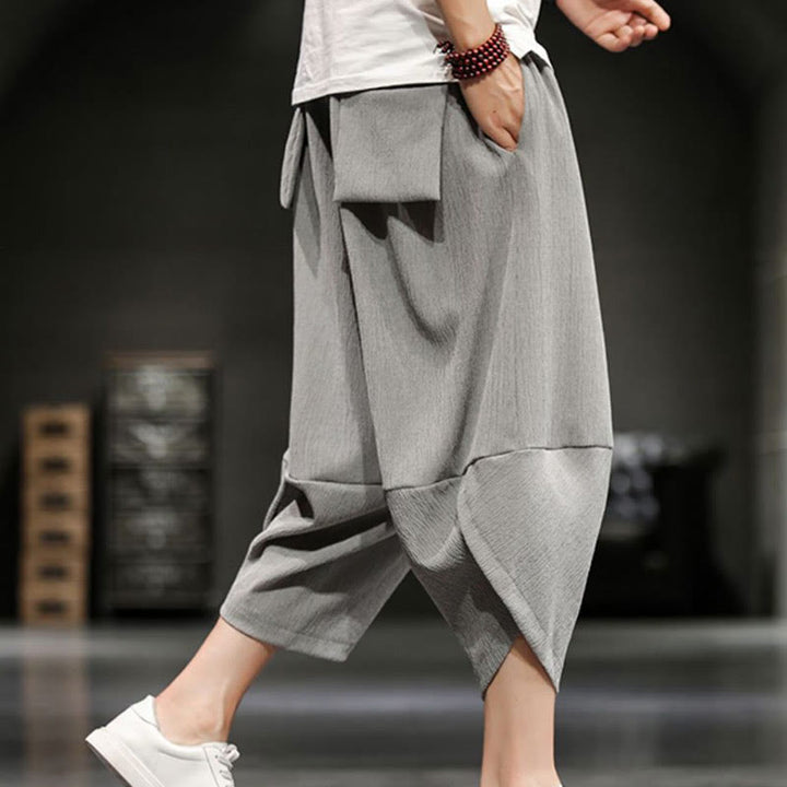 Buddha Stones Pantalones cortos de verano de algodón y lino sólidos para hombres con bolsillos - image 3