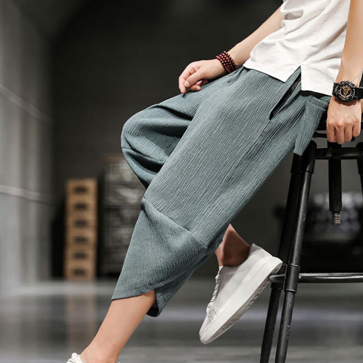 Buddha Stones Pantalones cortos de verano de algodón y lino sólidos para hombres con bolsillos - image 13