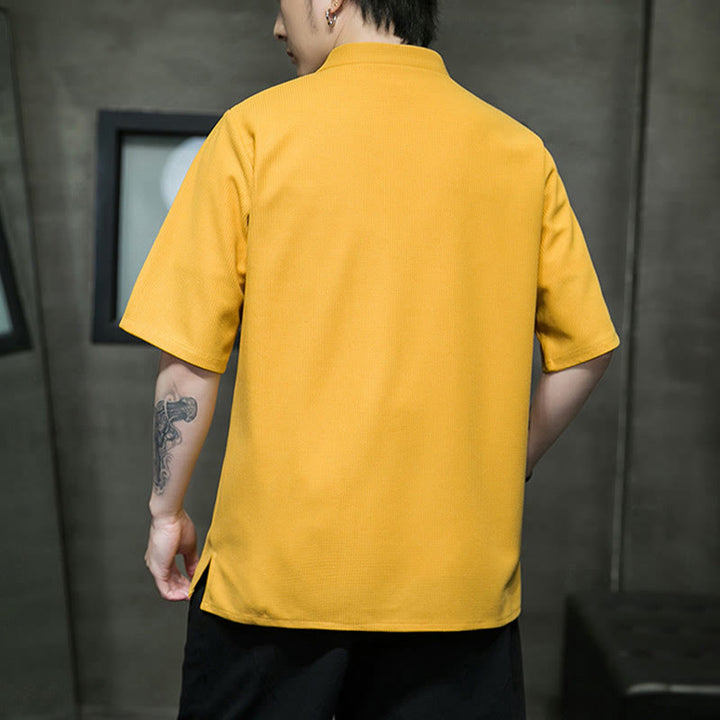 Buddha Stones Camisa de manga corta para hombre con bordado de libélula, hoja y botón de rana - image 8