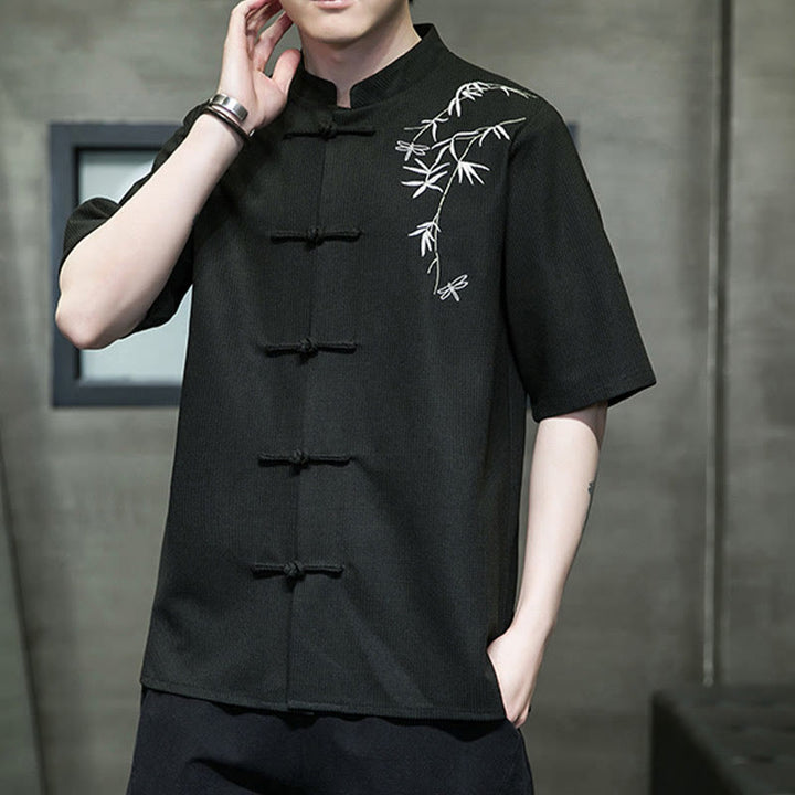 Buddha Stones Camisa de manga corta para hombre con bordado de libélula, hoja y botón de rana - image 18