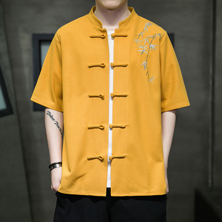 Buddha Stones Camisa de manga corta para hombre con bordado de libélula, hoja y botón de rana - Oro - US/UK/AU46, EU56 (5XL)  - image 6