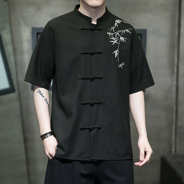 Buddha Stones Camisa de manga corta para hombre con bordado de libélula, hoja y botón de rana - image 15