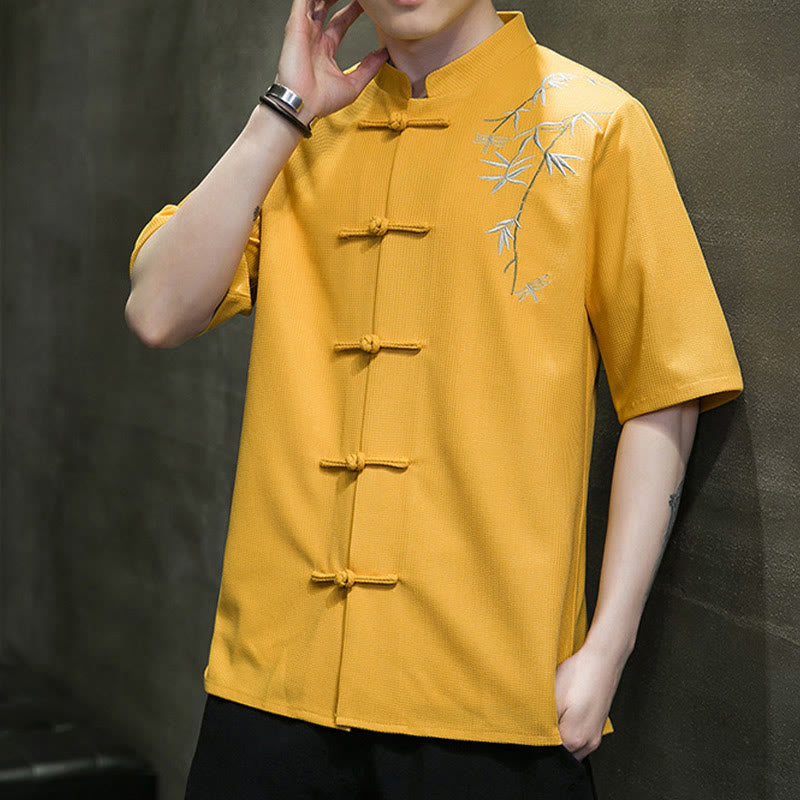 Buddha Stones Camisa de manga corta para hombre con bordado de libélula, hoja y botón de rana - image 13