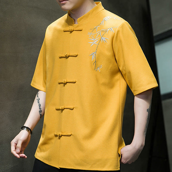Buddha Stones Camisa de manga corta para hombre con bordado de libélula, hoja y botón de rana - image 11