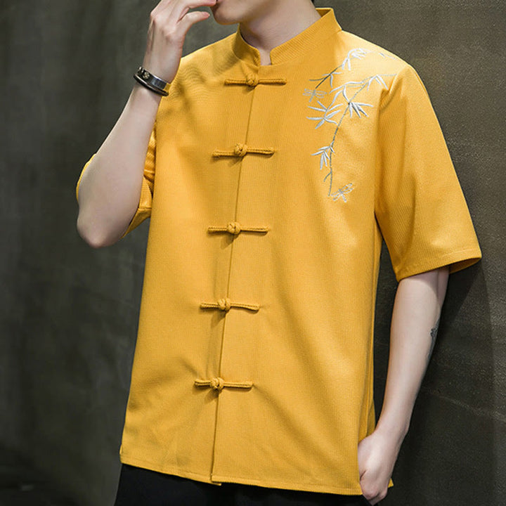 Buddha Stones Camisa de manga corta para hombre con bordado de libélula, hoja y botón de rana - image 9