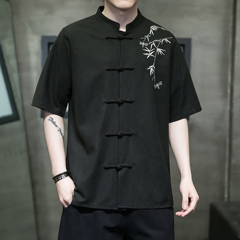 Buddha Stones Camisa de manga corta para hombre con bordado de libélula, hoja y botón de rana - image 16
