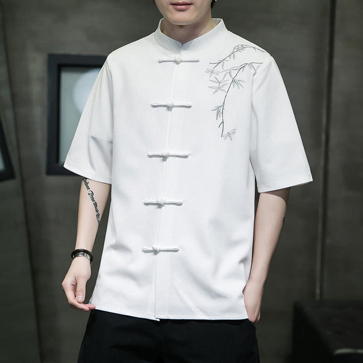 Buddha Stones Camisa de manga corta para hombre con bordado de libélula, hoja y botón de rana - image 5