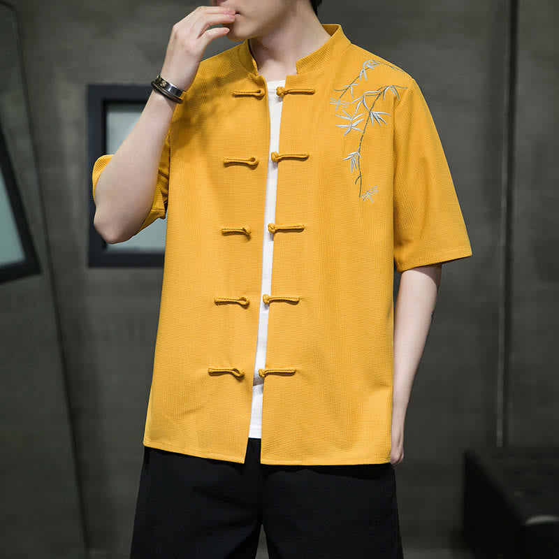 Buddha Stones Camisa de manga corta para hombre con bordado de libélula, hoja y botón de rana - image 11