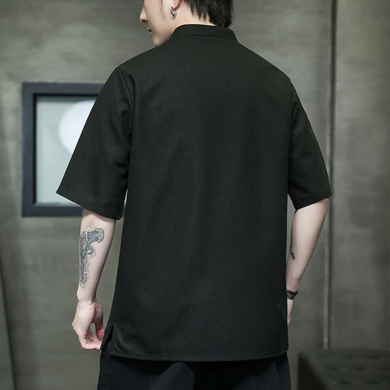 Buddha Stones Camisa de manga corta para hombre con bordado de libélula, hoja y botón de rana - image 16