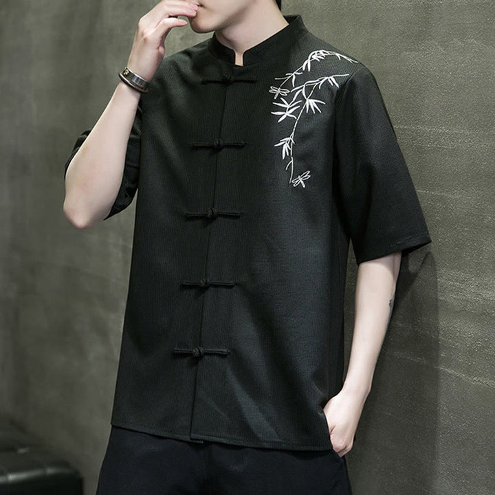 Buddha Stones Camisa de manga corta para hombre con bordado de libélula, hoja y botón de rana - image 19