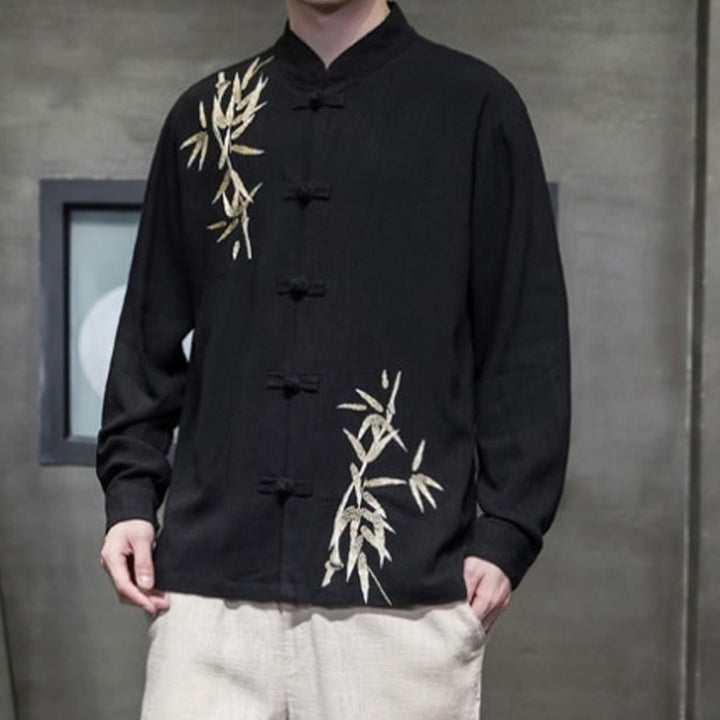 Camisa de manga larga con hojas de bambú y botones chinos estilo Tang de Buddha Stones, chaqueta de hombre de algodón y lino - image 7