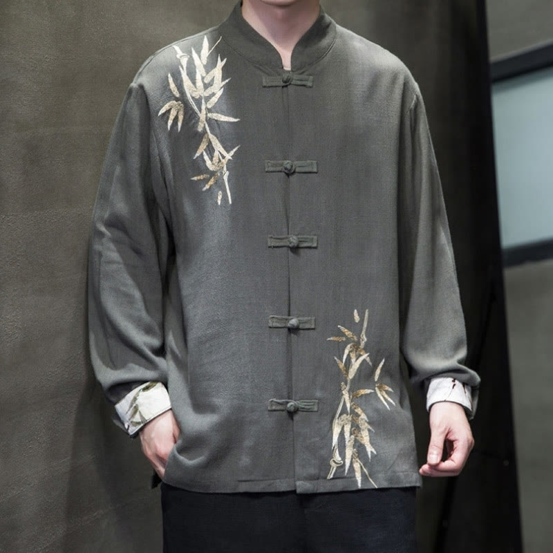 Camisa de manga larga con hojas de bambú y botones chinos estilo Tang de Buddha Stones, chaqueta de hombre de algodón y lino - image 10